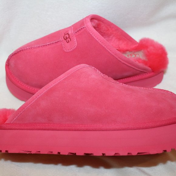 NIB UGG WOMEN'S DISCOQUETTE SUEDE SHEARLING SLIP ON PLATFORM SLIPPERS PINK - Picture 4 of 8